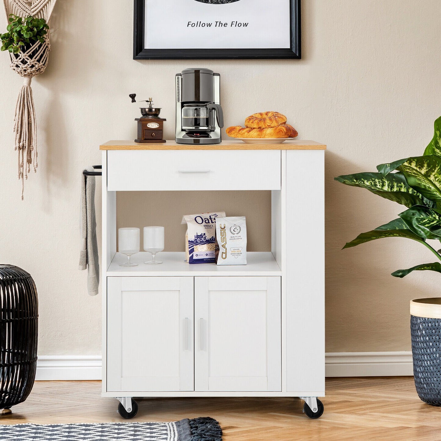 Kitchen Island Cart Rolling Storage Cabinet with Drawer and Spice Rack Shelf, White Kitchen Islands & Carts   at Gallery Canada