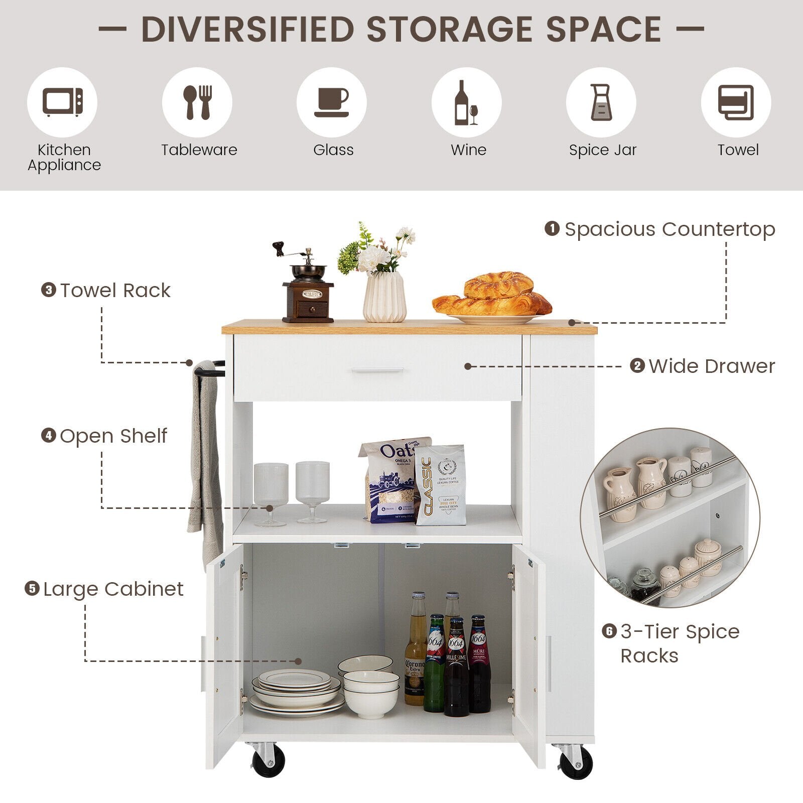 Kitchen Island Cart Rolling Storage Cabinet with Drawer and Spice Rack Shelf, White Kitchen Islands & Carts   at Gallery Canada