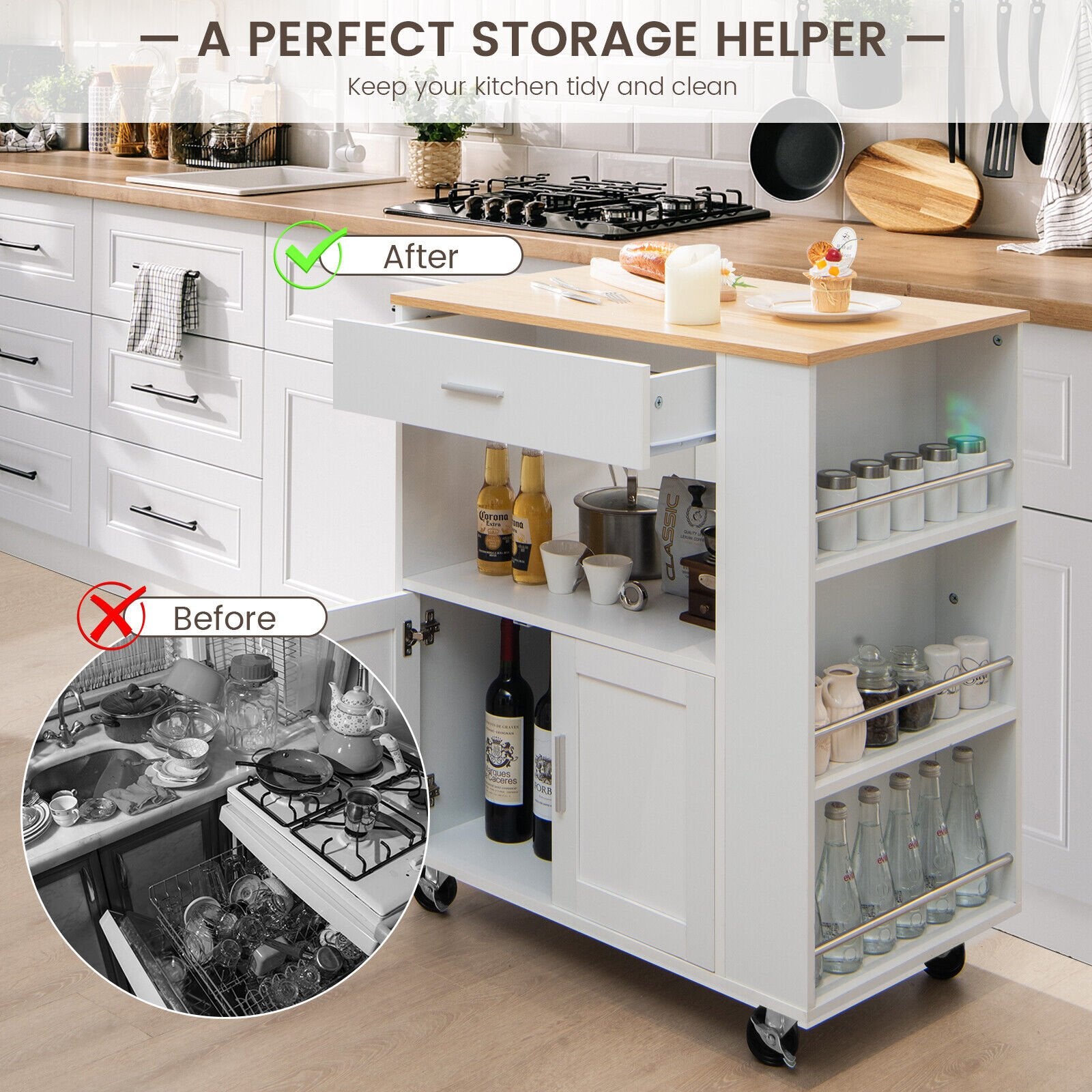 Kitchen Island Cart Rolling Storage Cabinet with Drawer and Spice Rack Shelf, White Kitchen Islands & Carts   at Gallery Canada