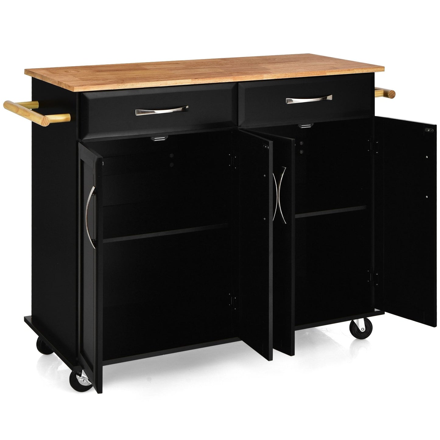 4-Door Rolling Kitchen Island Cart Buffet Cabinet with Towel Racks Drawers, Black - Gallery Canada