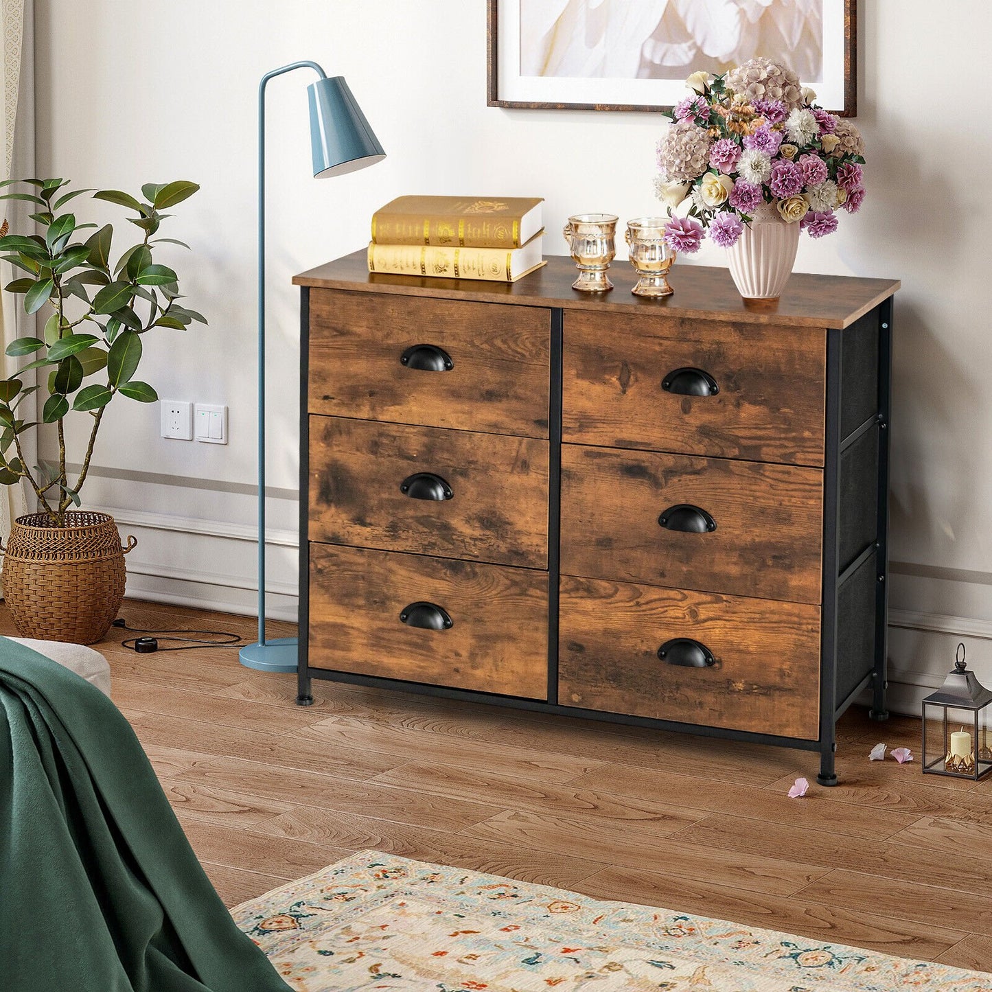 6 Fabric Drawer Storage Chest with Wooden Top, Rustic Brown Dressers & Chests   at Gallery Canada