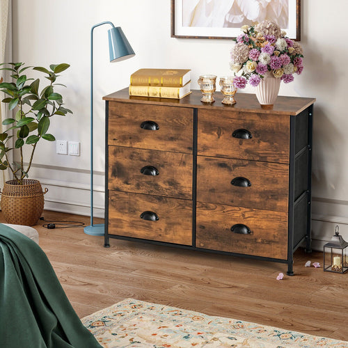 6 Fabric Drawer Storage Chest with Wooden Top, Rustic Brown