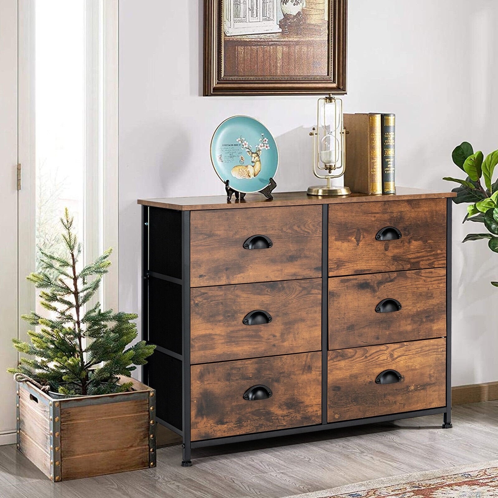 6 Fabric Drawer Storage Chest with Wooden Top, Rustic Brown Dressers & Chests   at Gallery Canada