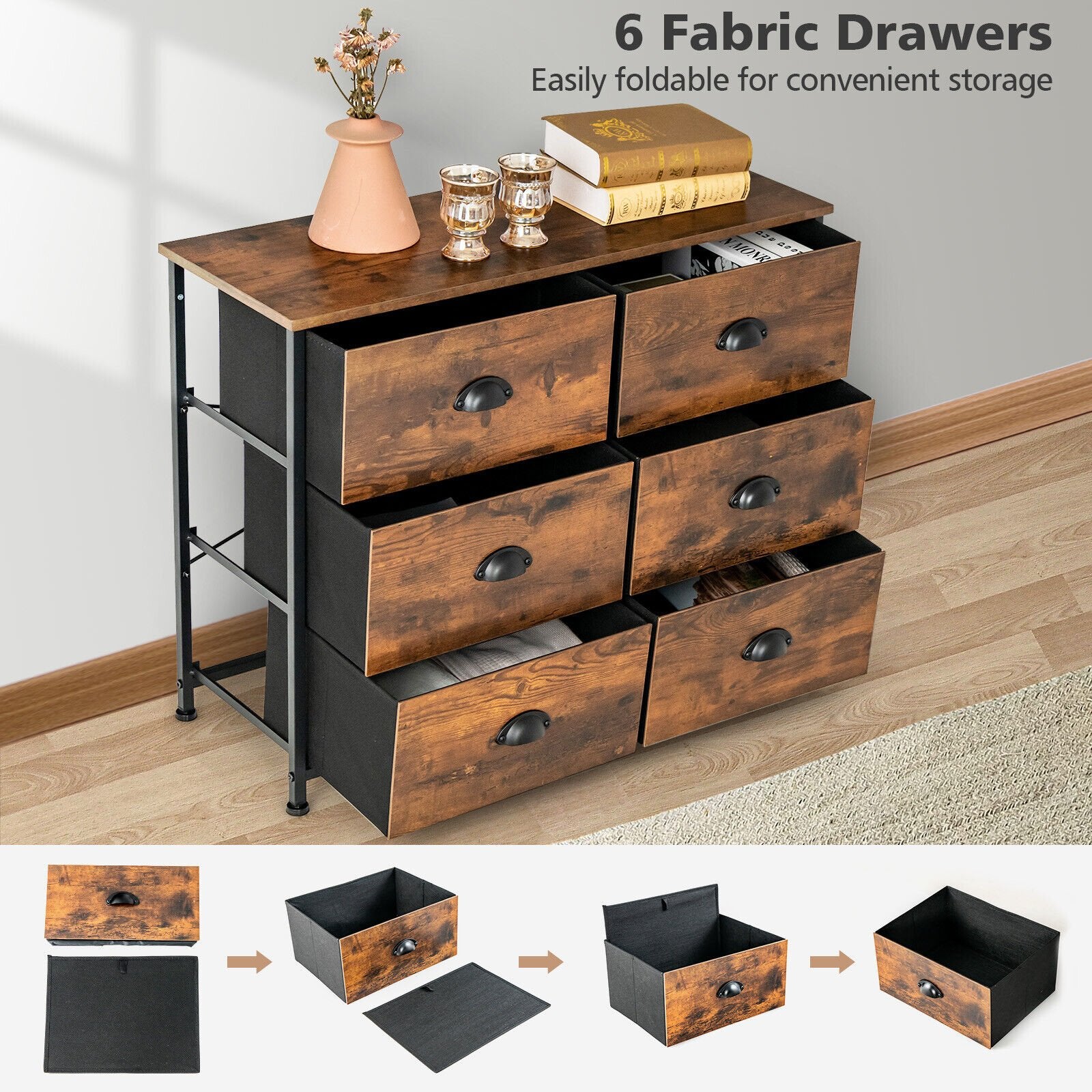 6 Fabric Drawer Storage Chest with Wooden Top, Rustic Brown Dressers & Chests   at Gallery Canada