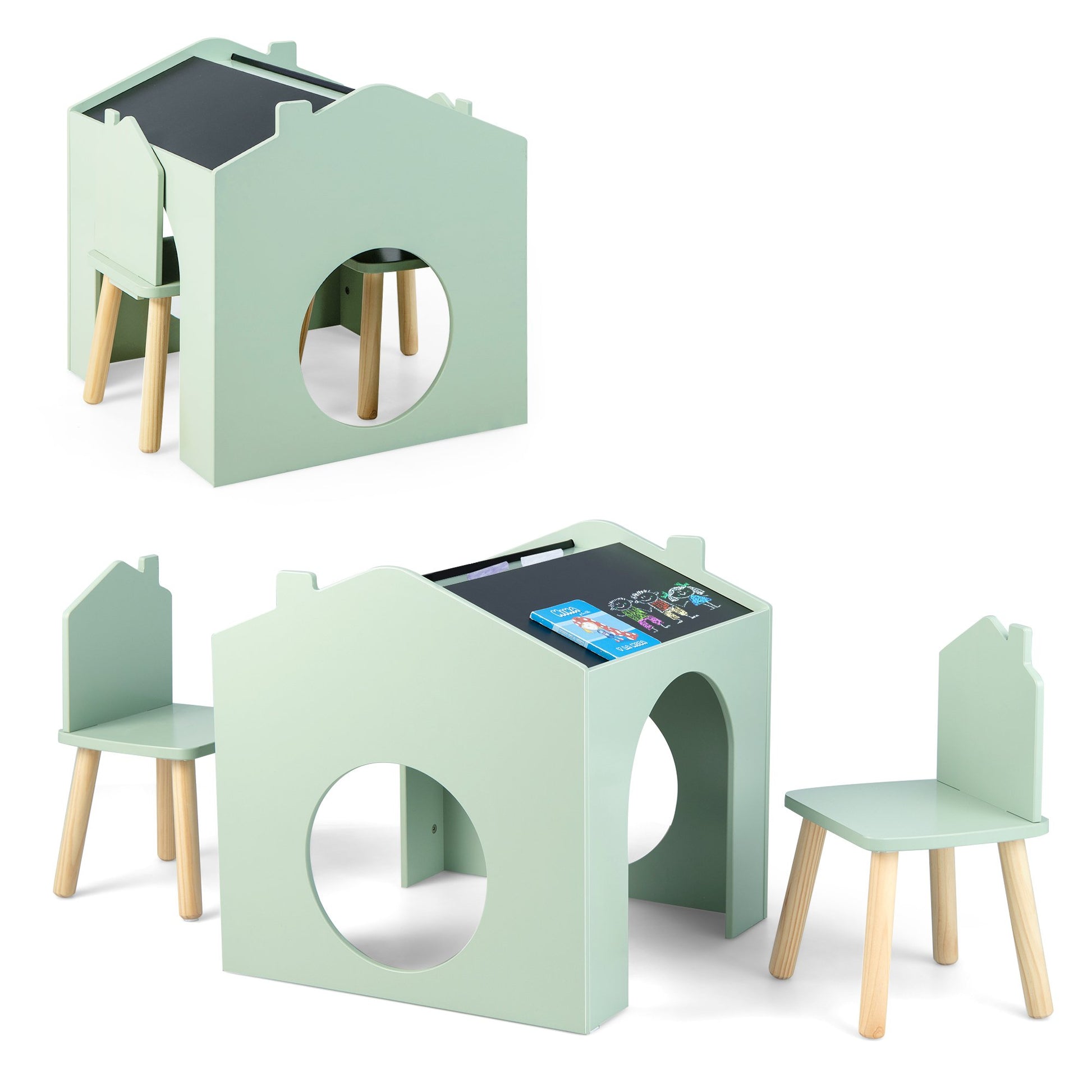 3 Pieces Wooden Kids Table and Chair Set, Green Kids Table & Chair Sets   at Gallery Canada