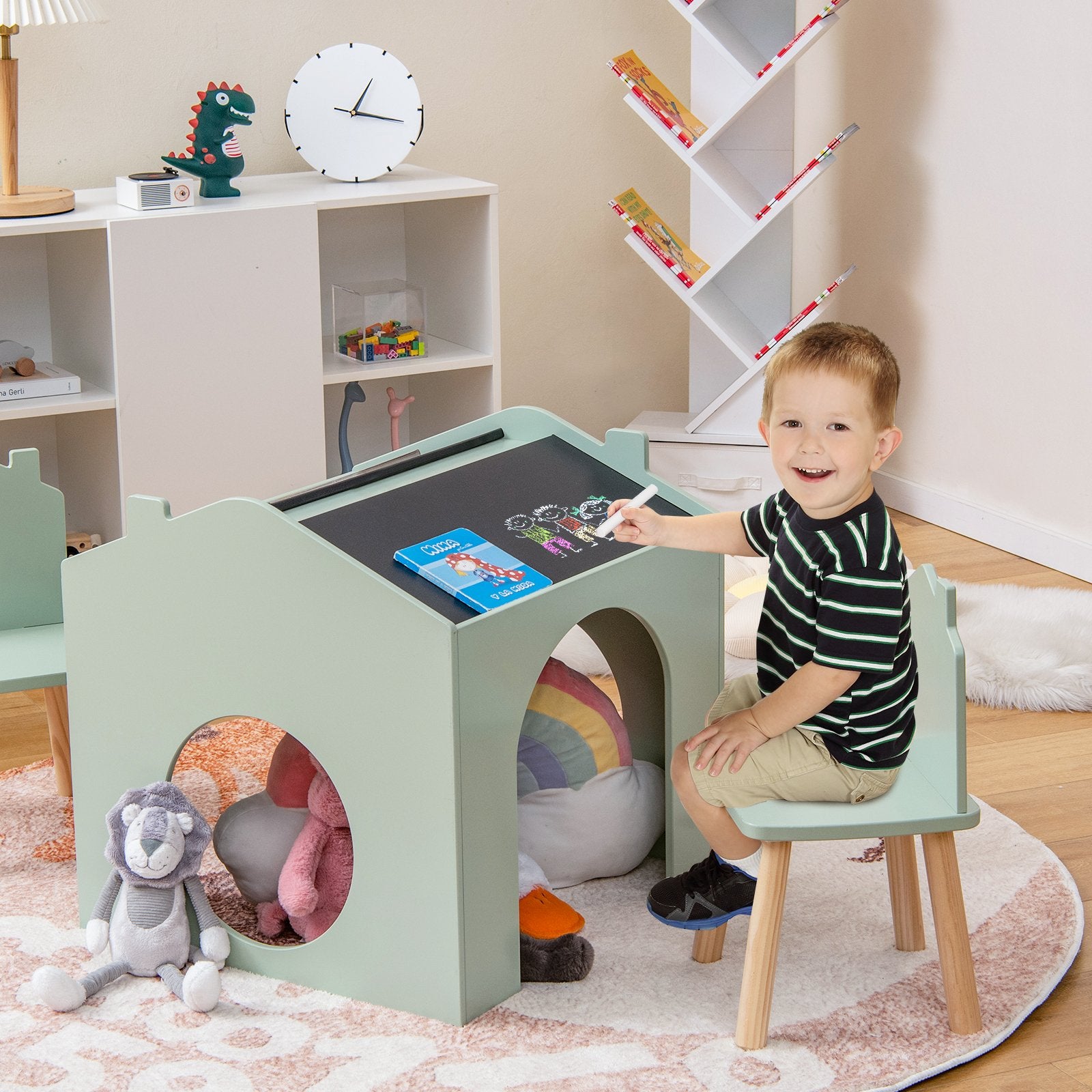 3 Pieces Wooden Kids Table and Chair Set, Green Kids Table & Chair Sets   at Gallery Canada