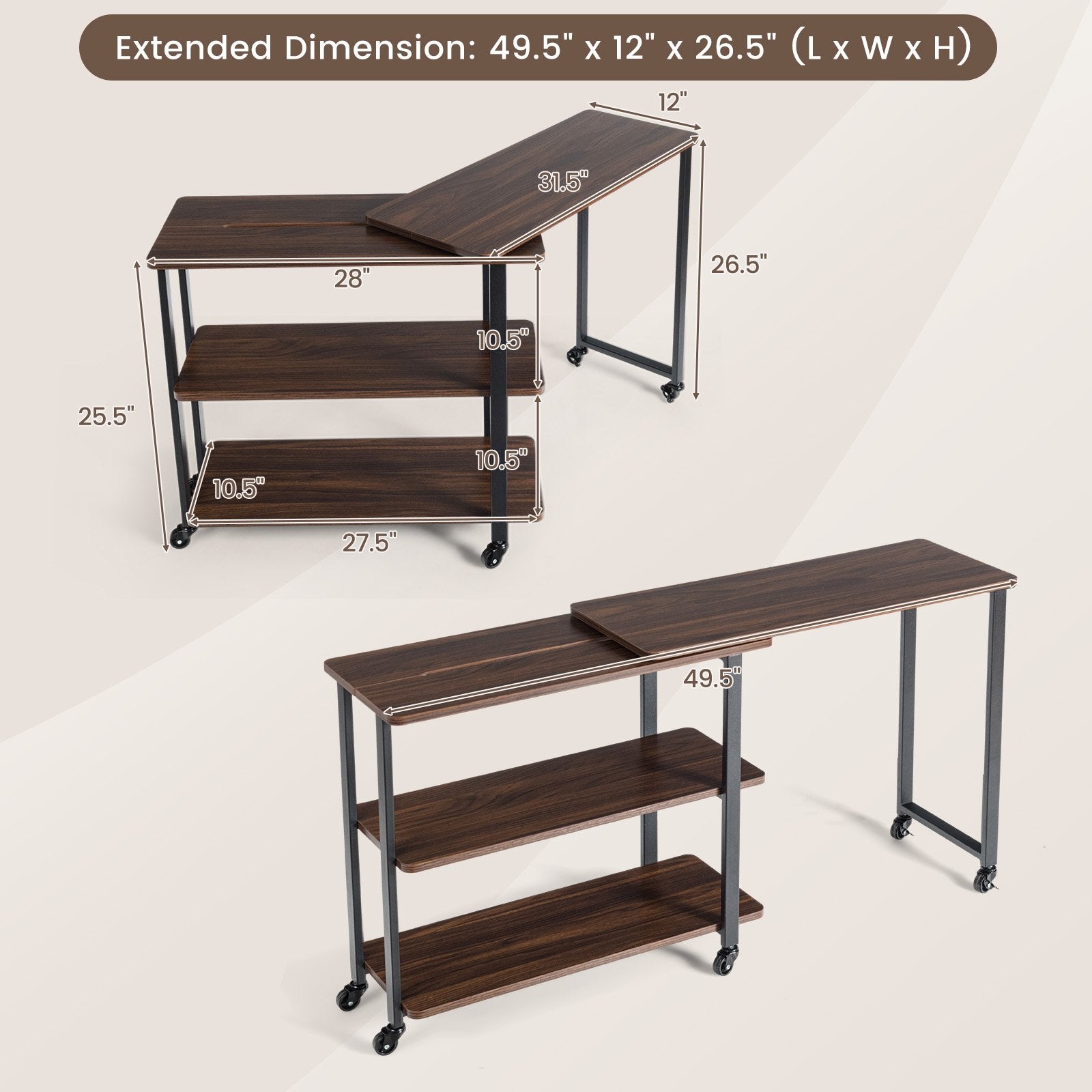 360° Rotating Sofa Side Table with Storage Shelves and Wheels, Walnut - Gallery Canada