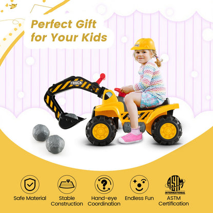 Ride on Push Car Bulldozer Digger Toy with Safety Helmet and Working Shovel, Yellow - Gallery Canada