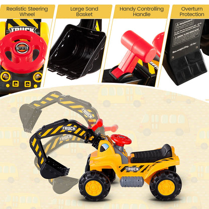 Ride on Push Car Bulldozer Digger Toy with Safety Helmet and Working Shovel, Yellow - Gallery Canada