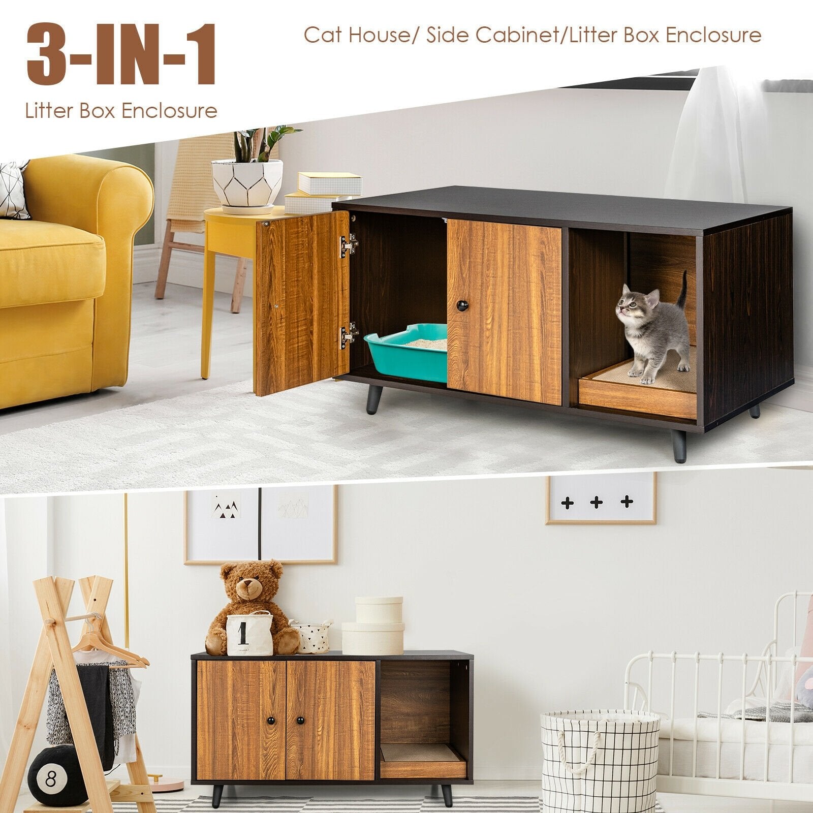 Cat Litter Box Enclosure with Divider and Double Doors, Brown Cat Houses   at Gallery Canada