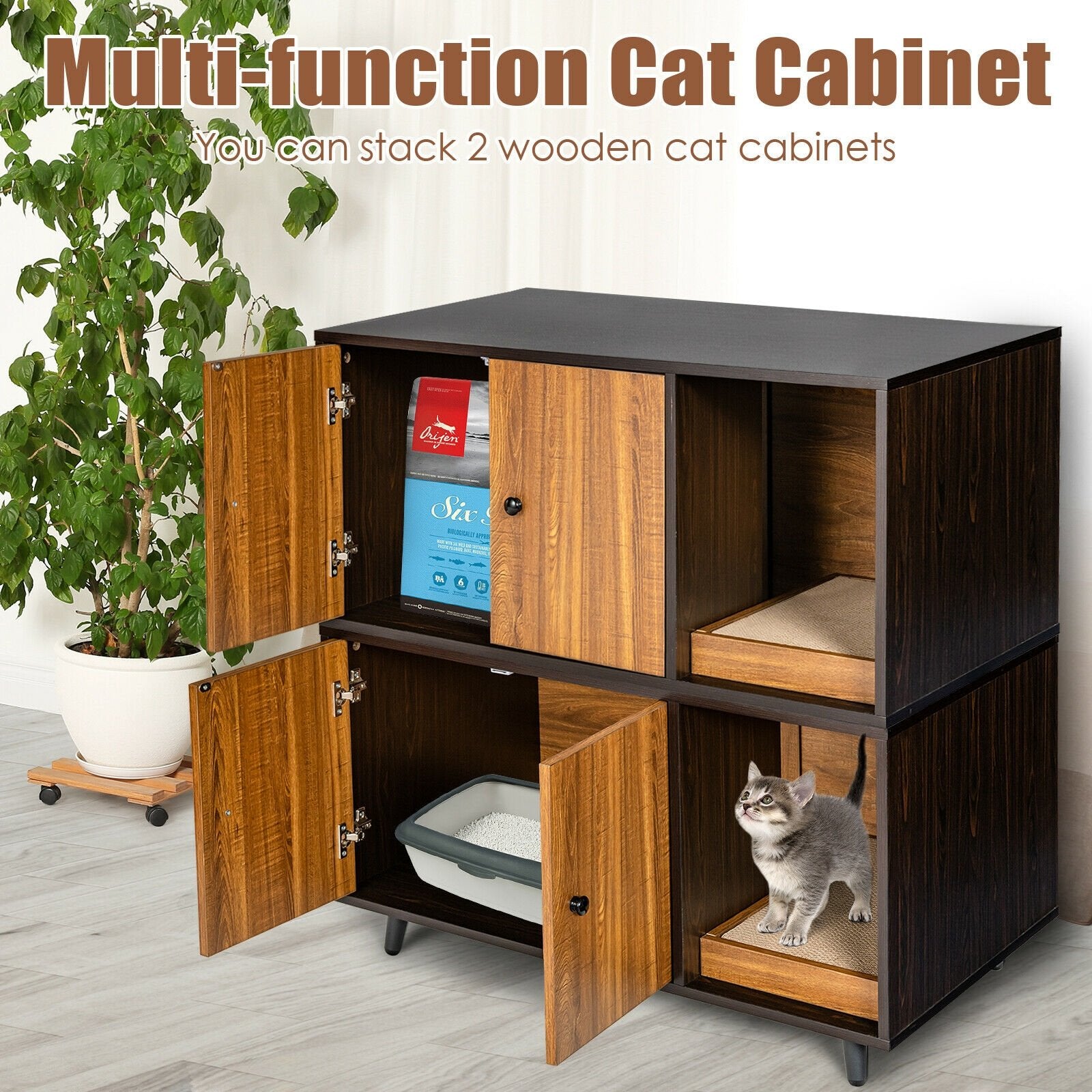 Cat Litter Box Enclosure with Divider and Double Doors, Brown Cat Houses   at Gallery Canada