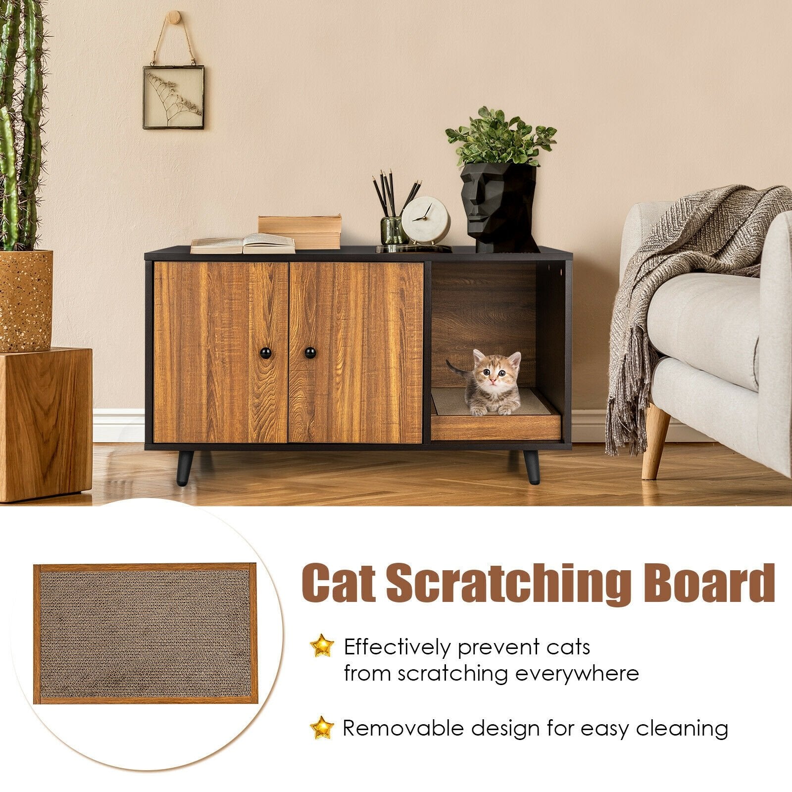 Cat Litter Box Enclosure with Divider and Double Doors, Brown Cat Houses   at Gallery Canada