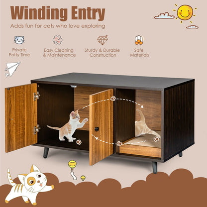 Cat Litter Box Enclosure with Divider and Double Doors, Brown Cat Houses   at Gallery Canada