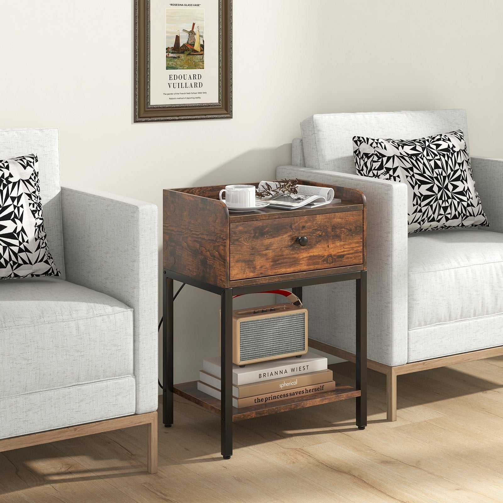 Industrial Bedside Table Nightstand with Charging Station, Rustic Brown Nightstands   at Gallery Canada