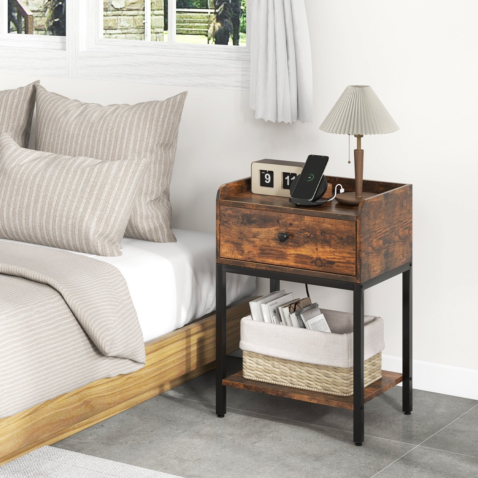 Industrial Bedside Table Nightstand with Charging Station, Rustic Brown Nightstands   at Gallery Canada