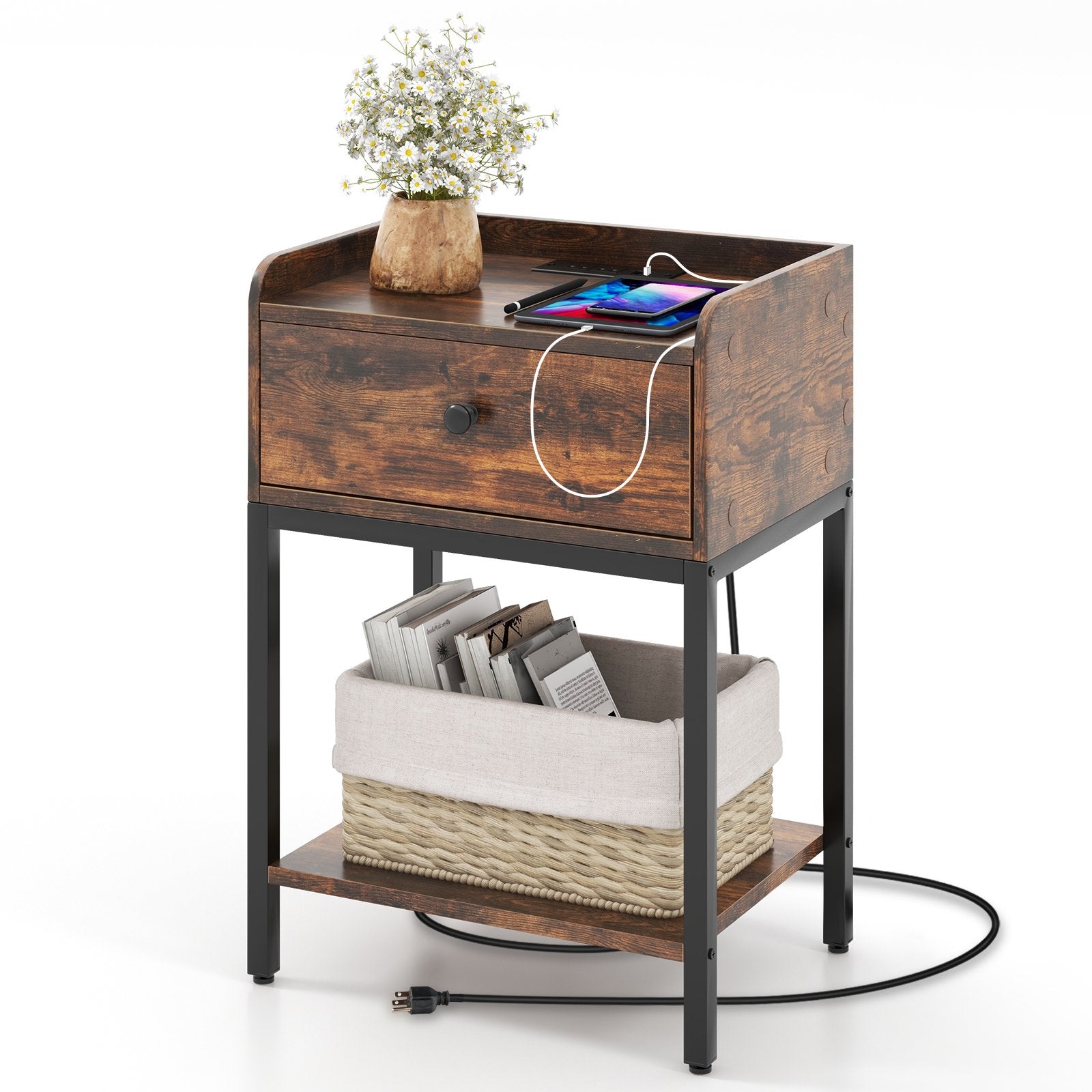 Industrial Bedside Table Nightstand with Charging Station, Rustic Brown Nightstands   at Gallery Canada