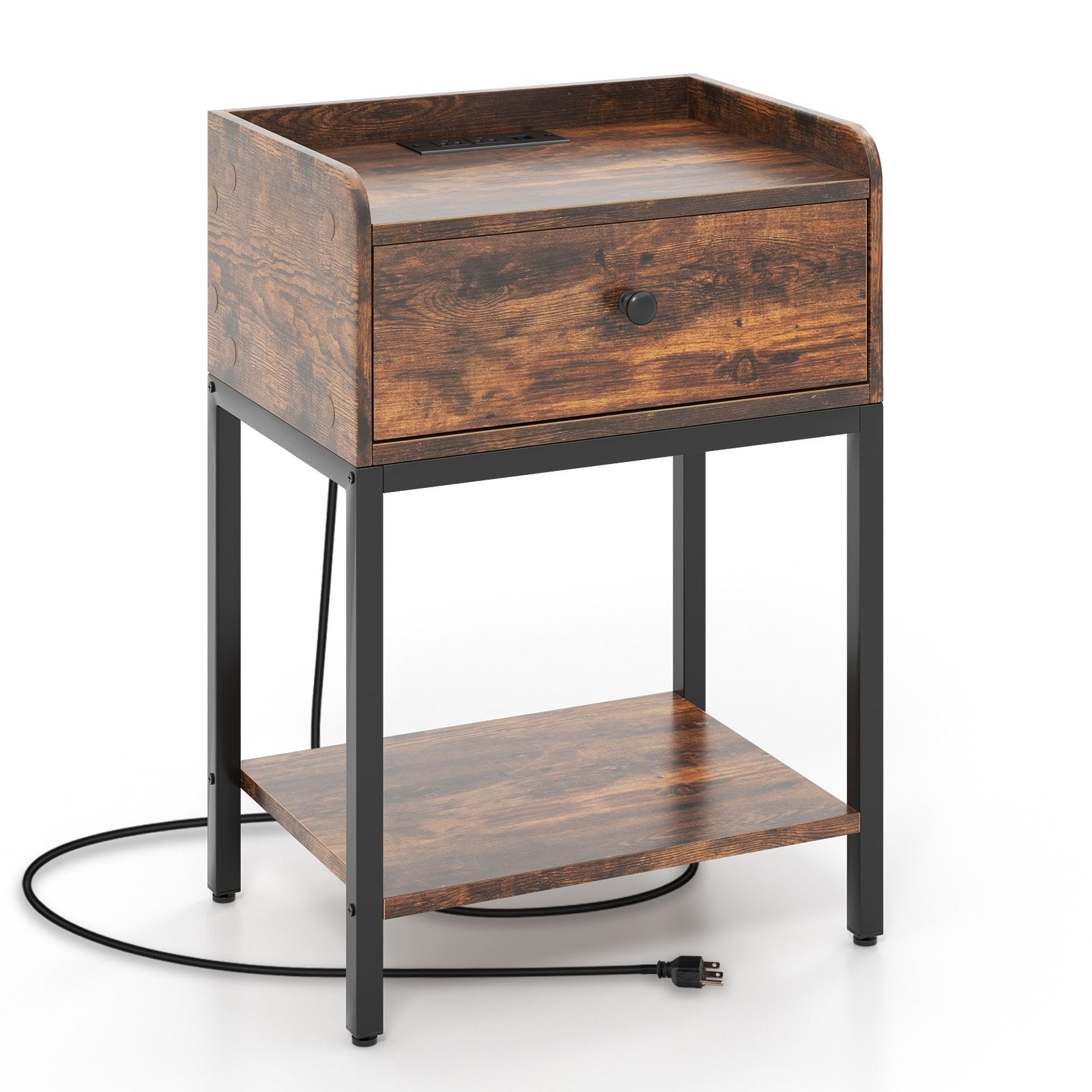 Industrial Bedside Table Nightstand with Charging Station, Rustic Brown Nightstands   at Gallery Canada