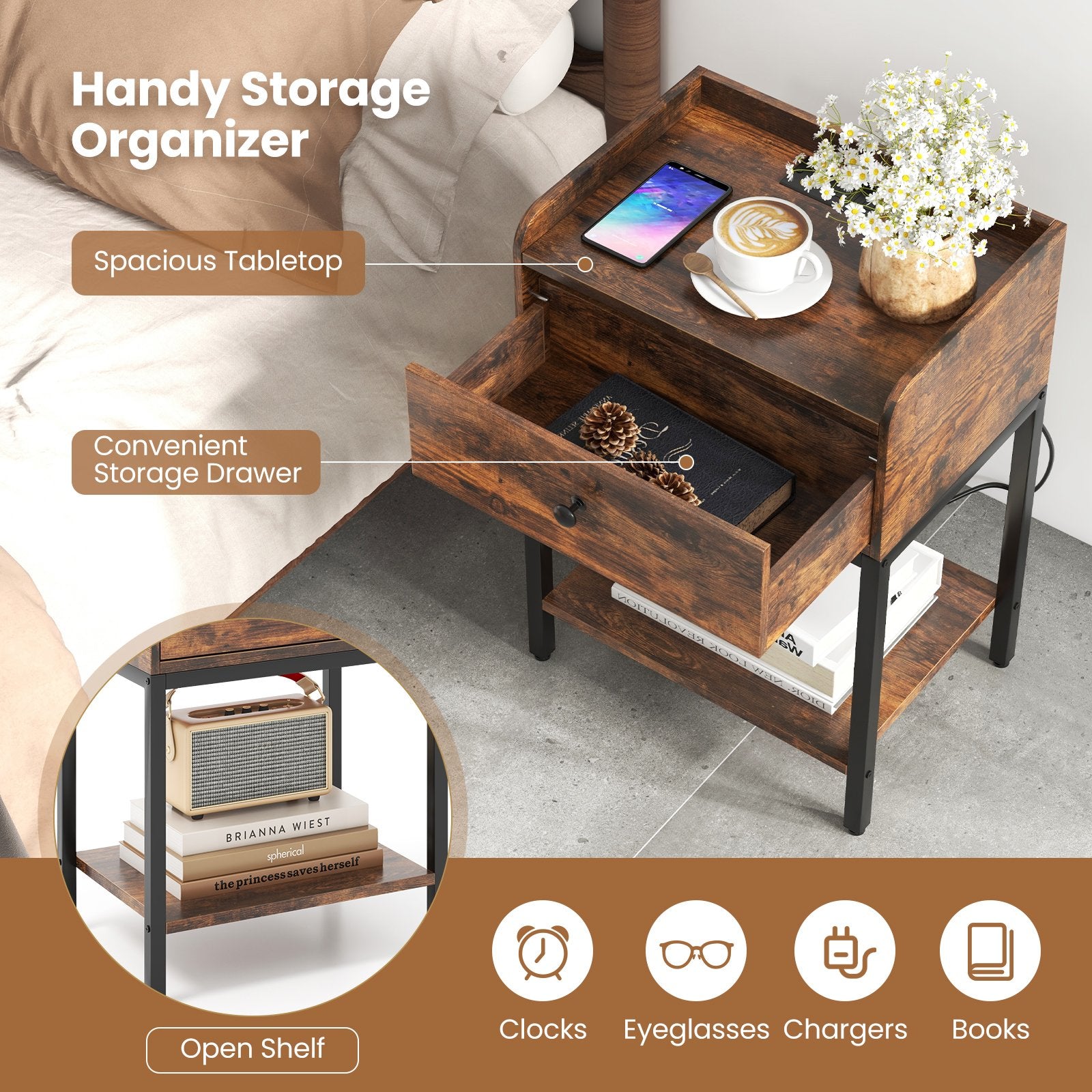 Industrial Bedside Table Nightstand with Charging Station, Rustic Brown Nightstands   at Gallery Canada