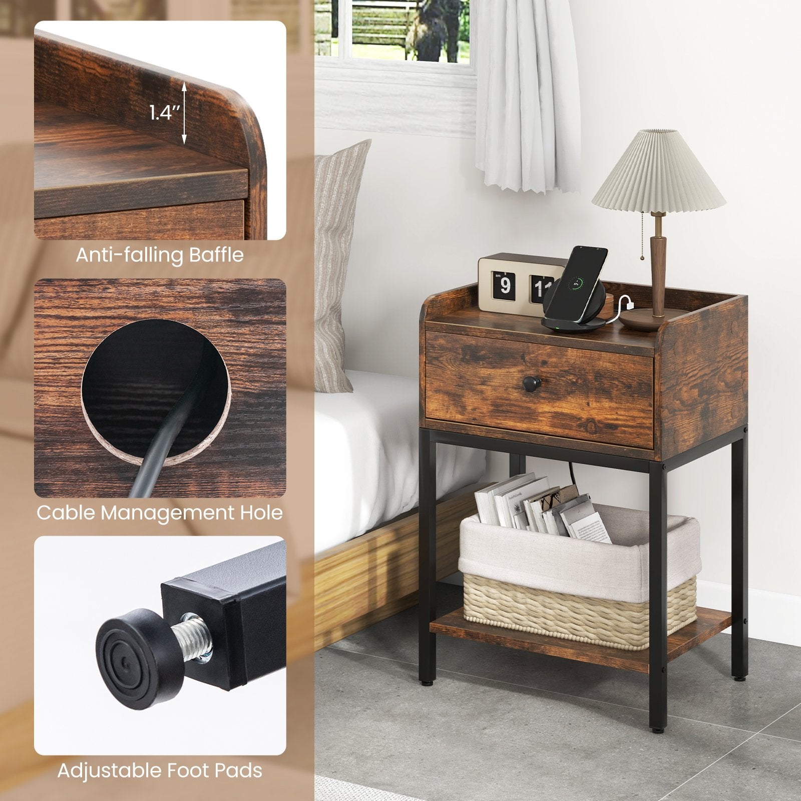 Industrial Bedside Table Nightstand with Charging Station, Rustic Brown Nightstands   at Gallery Canada