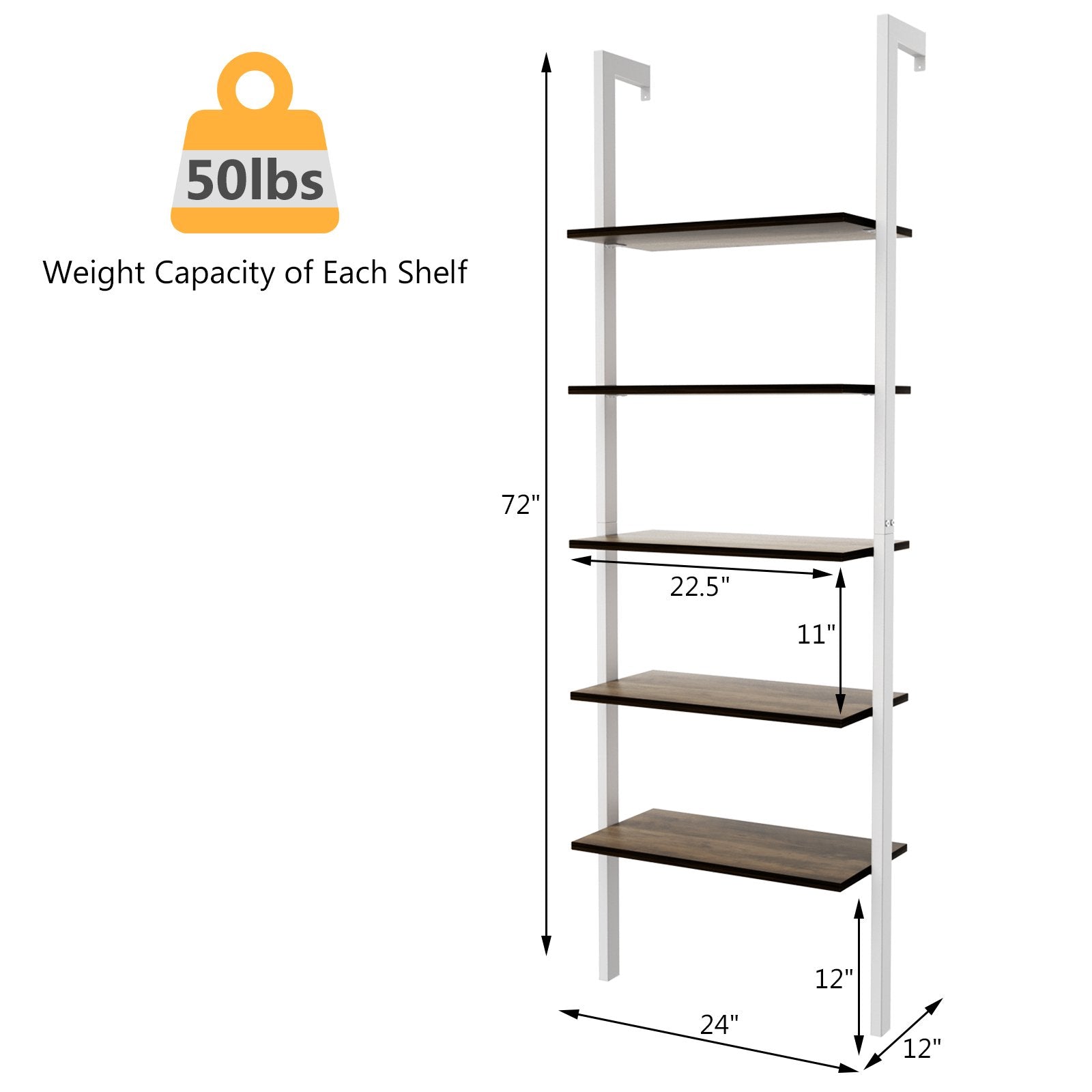 5-Tier Wood Look Ladder Shelf with Metal Frame for Home, White Bookcases   at Gallery Canada