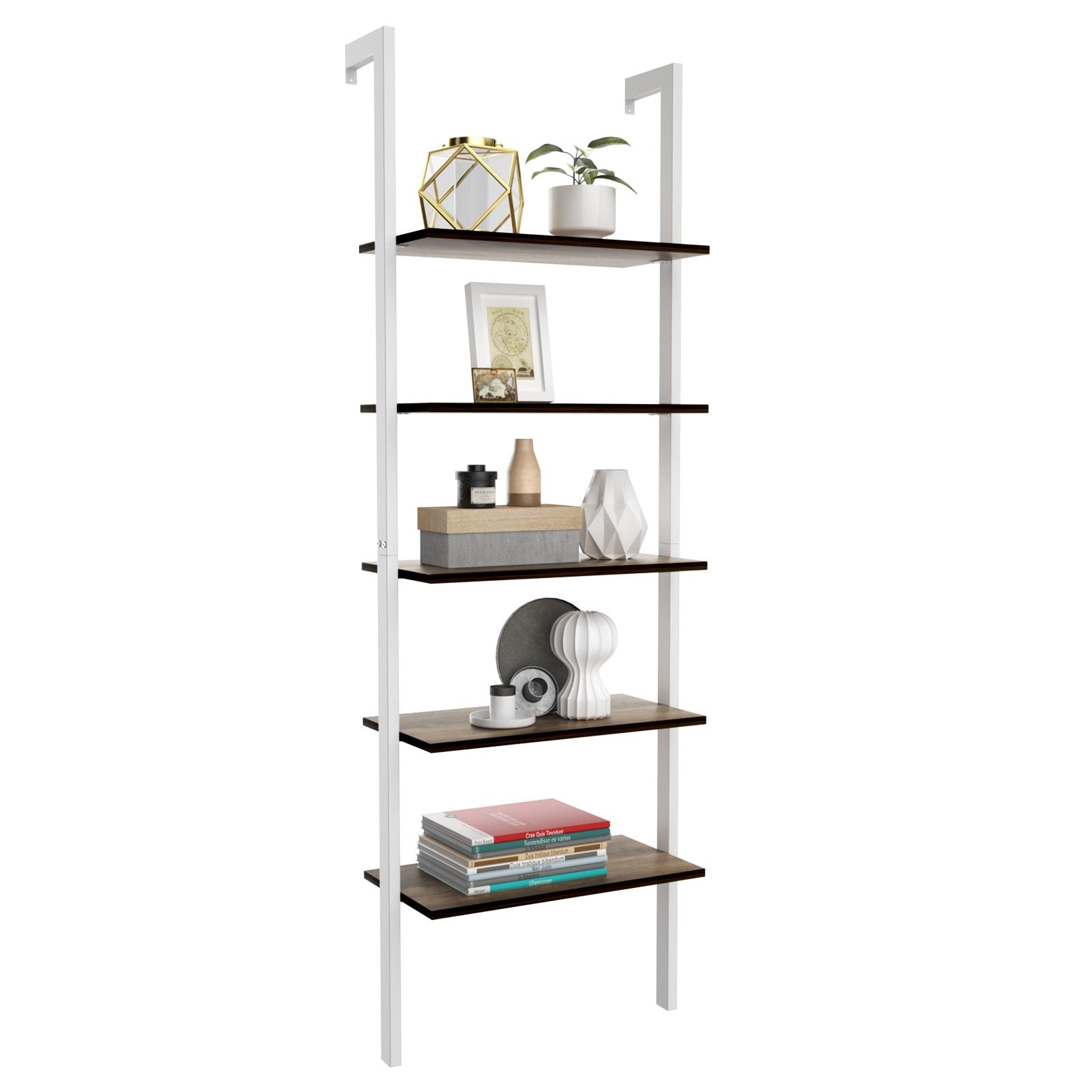 5-Tier Wood Look Ladder Shelf with Metal Frame for Home, White - Gallery Canada