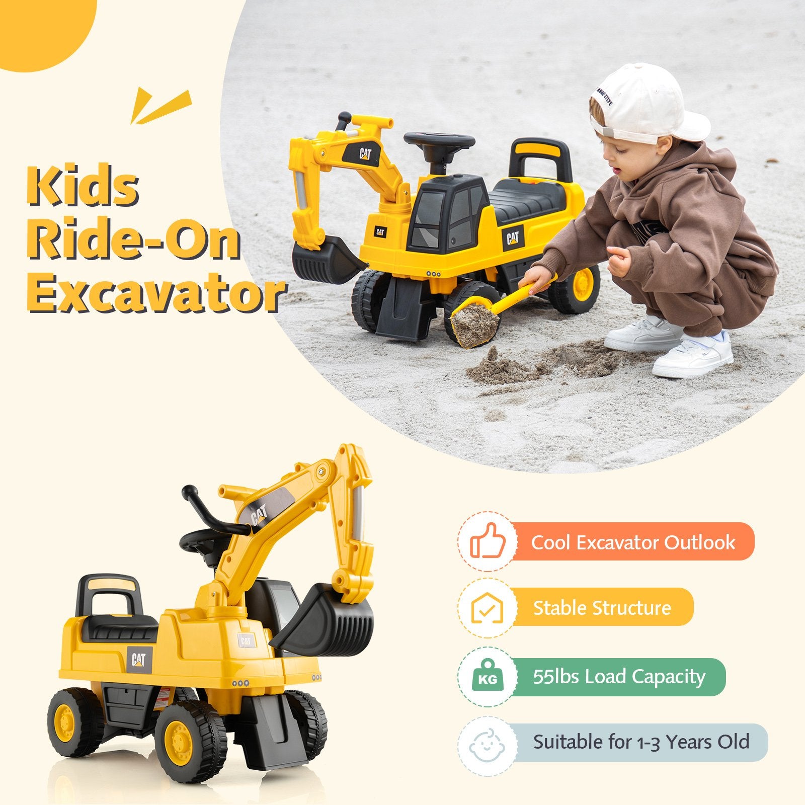 Licensed Caterpillar Kids Ride-On Digger, Yellow Push & Pedal Ride On Toys   at Gallery Canada