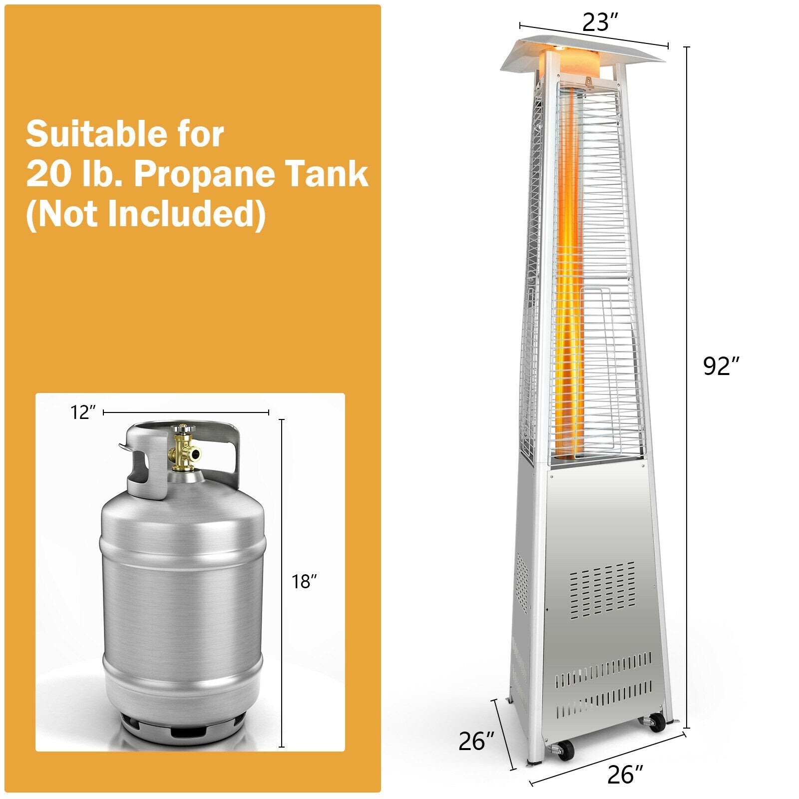 42 000 BTU Stainless Steel Pyramid Patio Heater With Wheels, Silver Patio Heaters   at Gallery Canada