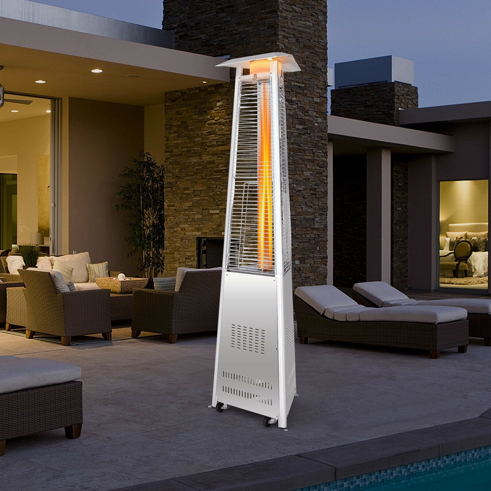 42 000 BTU Stainless Steel Pyramid Patio Heater With Wheels, Silver Patio Heaters   at Gallery Canada