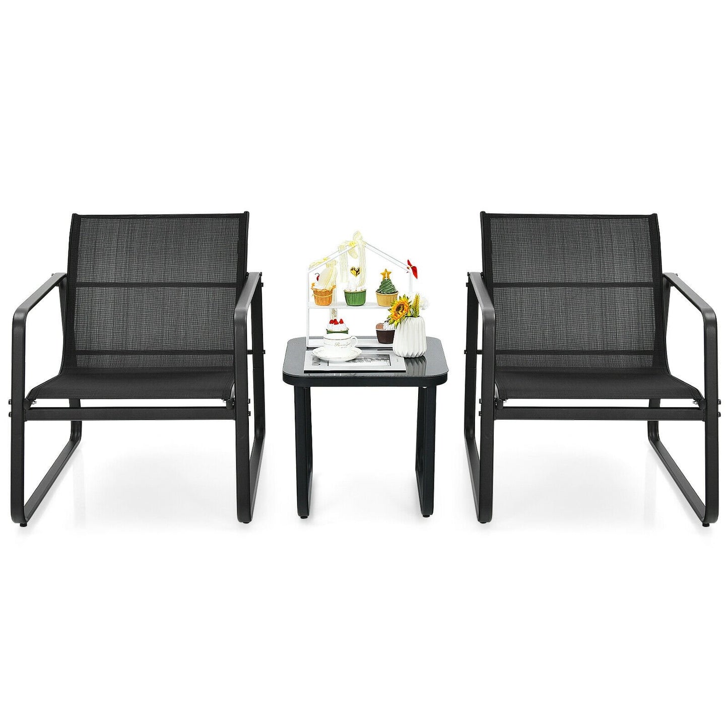 3 Pieces Patio Bistro Furniture Set with Glass Top Table Garden Deck, Black Patio Conversation Sets   at Gallery Canada