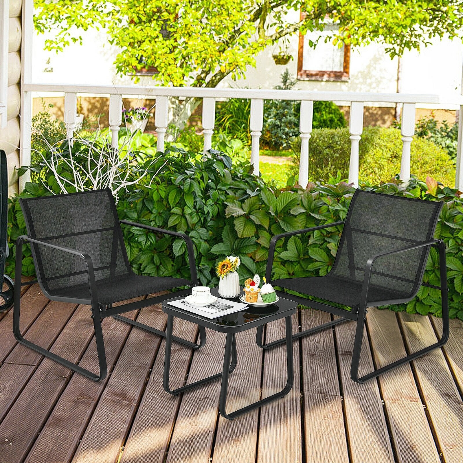 3 Pieces Patio Bistro Furniture Set with Glass Top Table Garden Deck, Black Patio Conversation Sets   at Gallery Canada