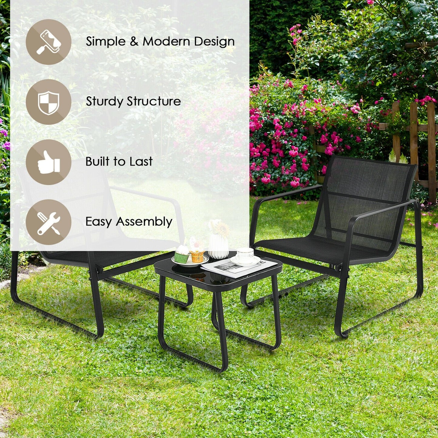 3 Pieces Patio Bistro Furniture Set with Glass Top Table Garden Deck, Black Patio Conversation Sets   at Gallery Canada