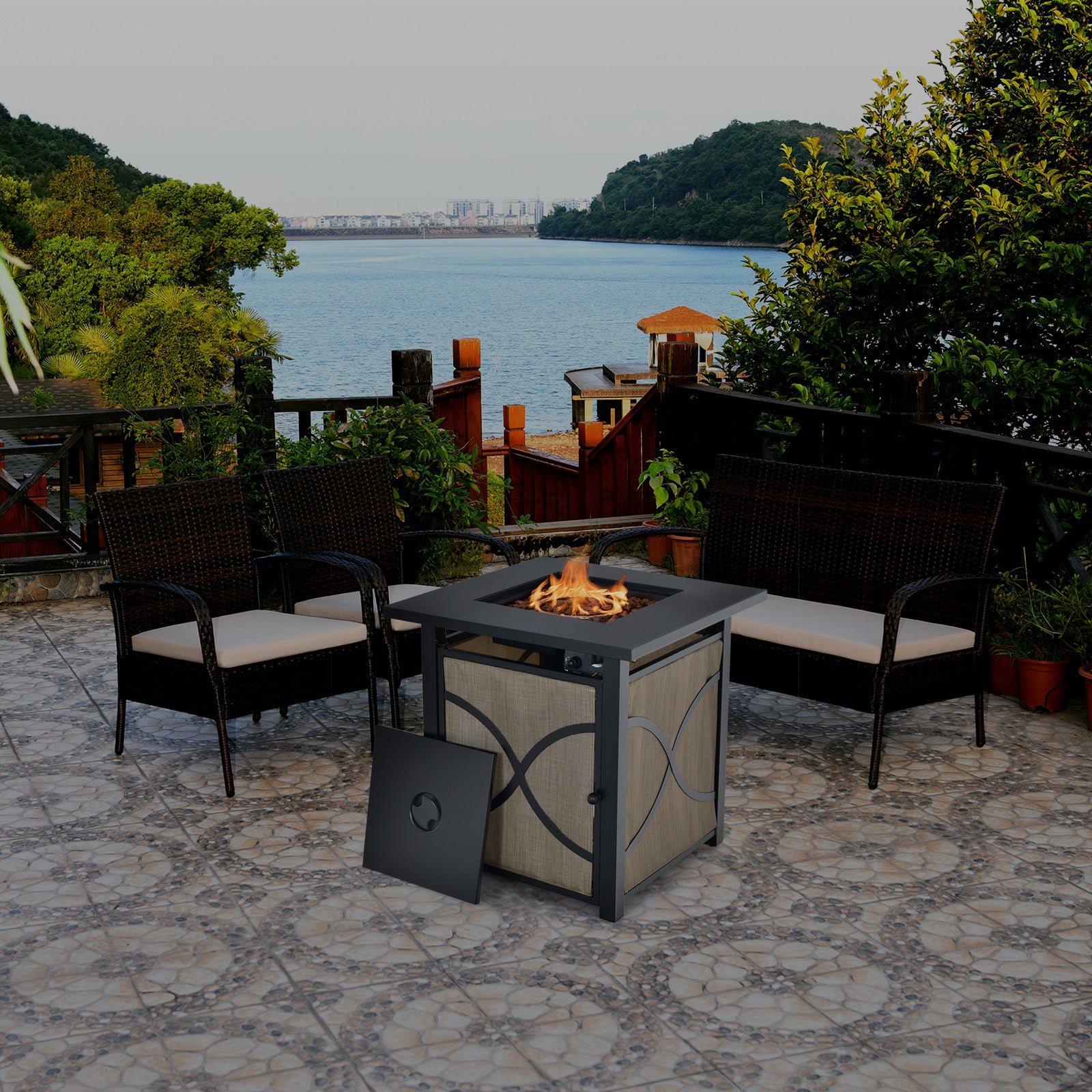 25 Inch 40000 BTU Propane Fire Pit Table with Lid and Fire Glass, Multicolor Fire Pits at Gallery Canada