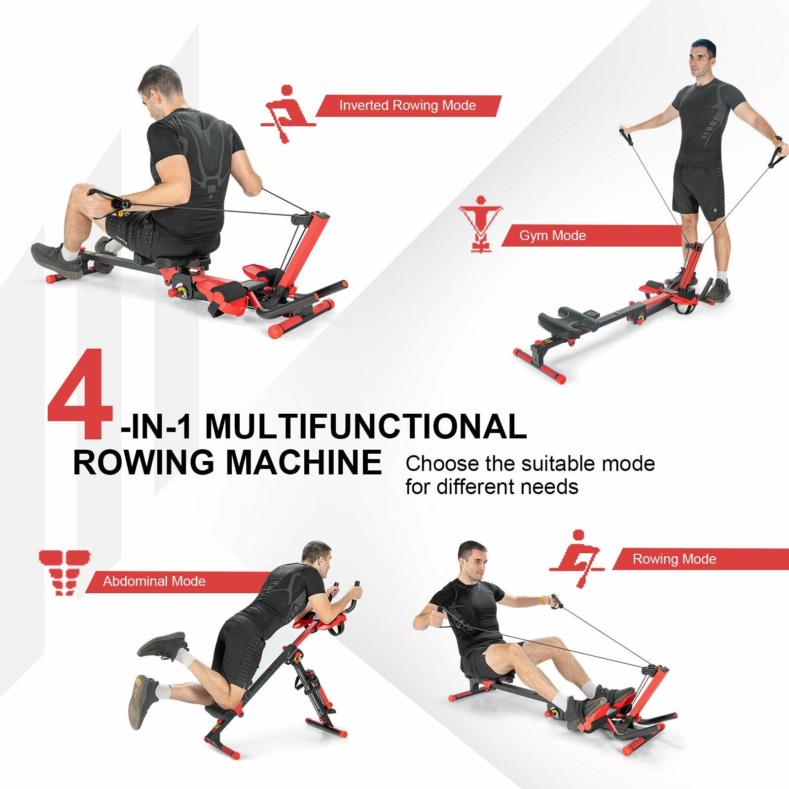 4-in-1 Folding Rowing Machine with Control Panel for Home Gym, Red Rowing Machines at Gallery Canada