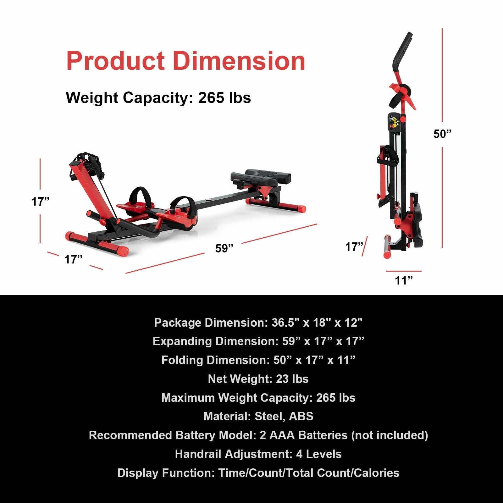 4-in-1 Folding Rowing Machine with Control Panel for Home Gym, Red Rowing Machines at Gallery Canada