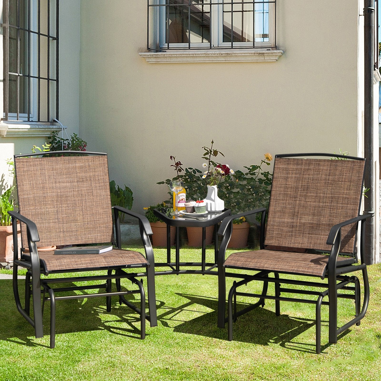 Double Swing Glider Rocker Chair set with Glass Table, Brown - Gallery Canada