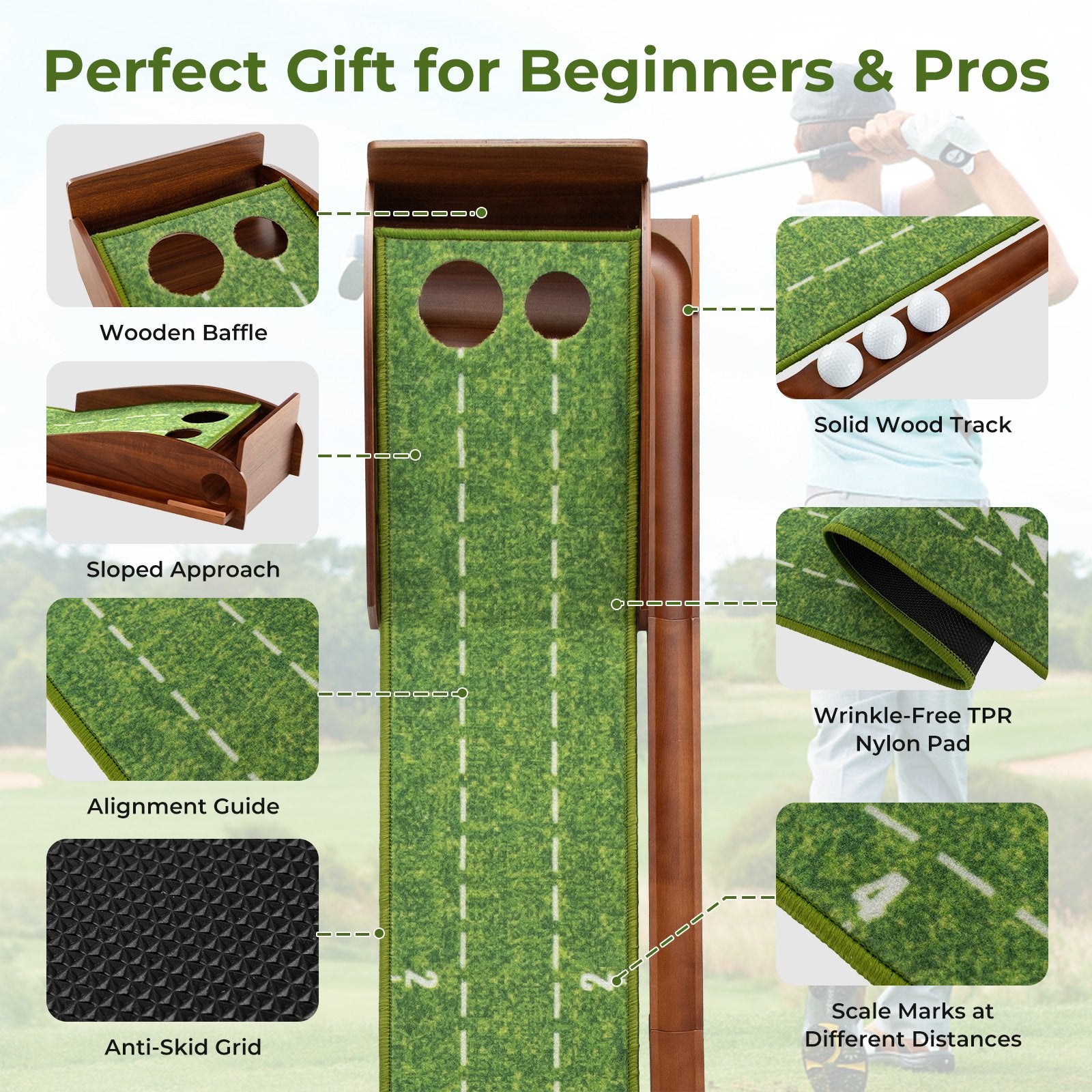 Golf Putting Mat Practice Training Aid with Auto Ball Return and 2 Hole Sizes, Green Golf   at Gallery Canada