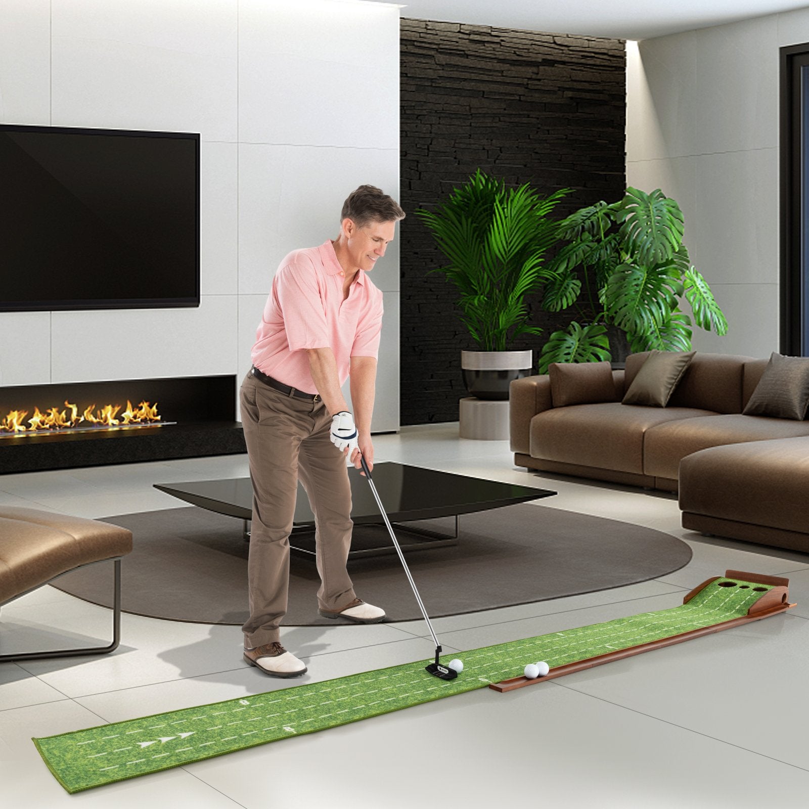 Golf Putting Mat Practice Training Aid with Auto Ball Return and 3 Hole Sizes, Green Golf   at Gallery Canada