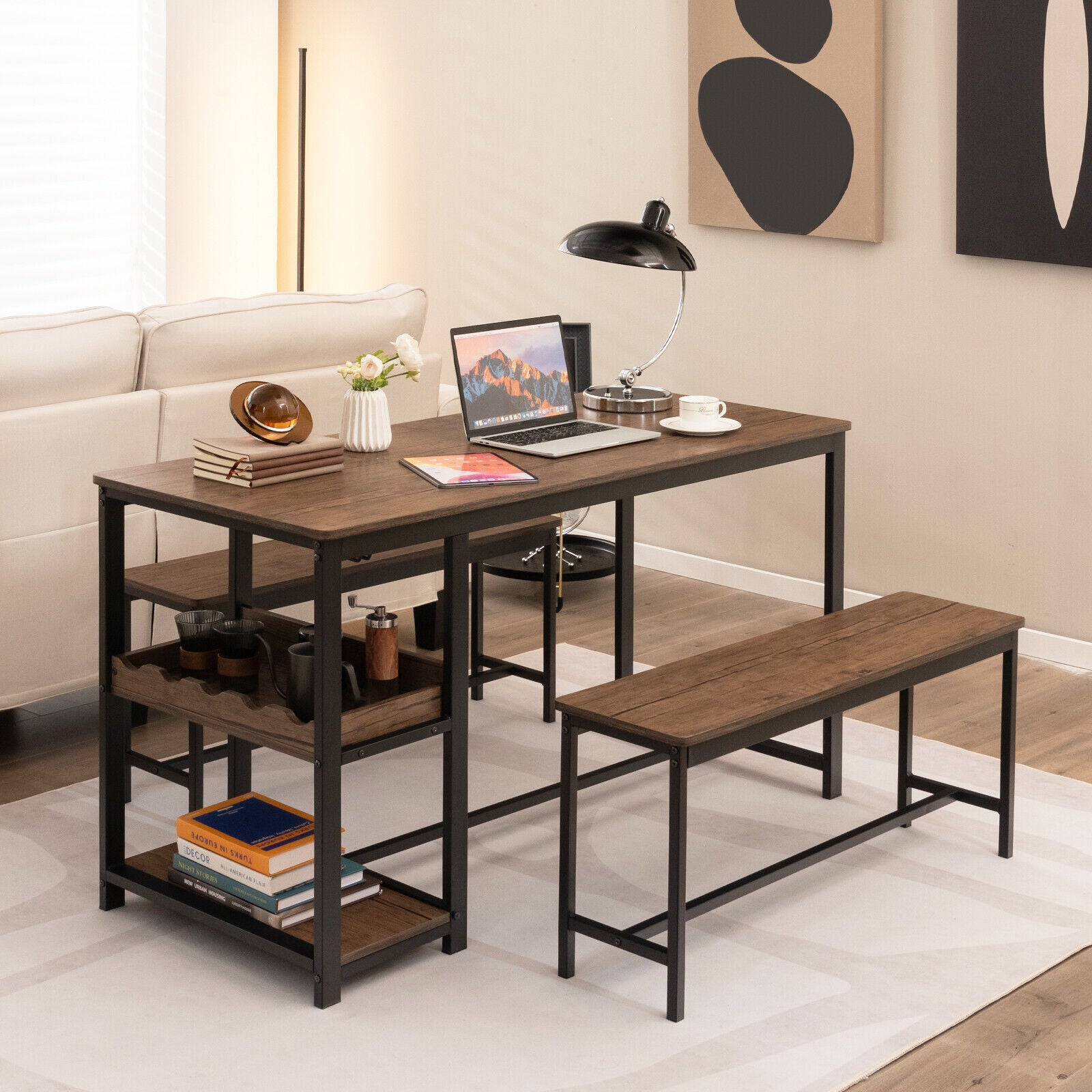 3 Pieces Dining Table Set for 4 with Wine Rack, Brown Dining Room Sets at Gallery Canada
