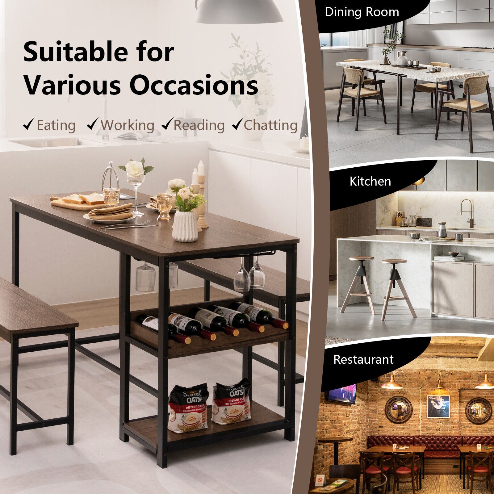 3 Pieces Dining Table Set for 4 with Wine Rack, Brown Dining Room Sets at Gallery Canada