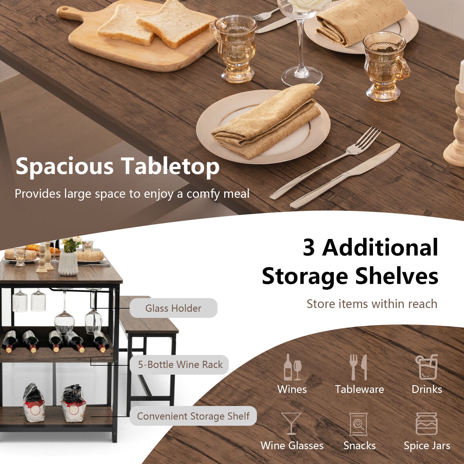 3 Pieces Dining Table Set for 4 with Wine Rack, Brown Dining Room Sets at Gallery Canada