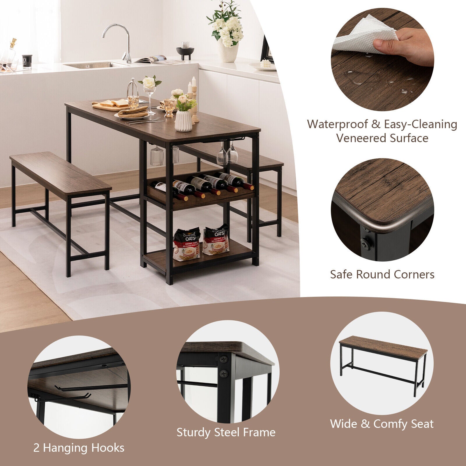3 Pieces Dining Table Set for 4 with Wine Rack, Brown Dining Room Sets at Gallery Canada