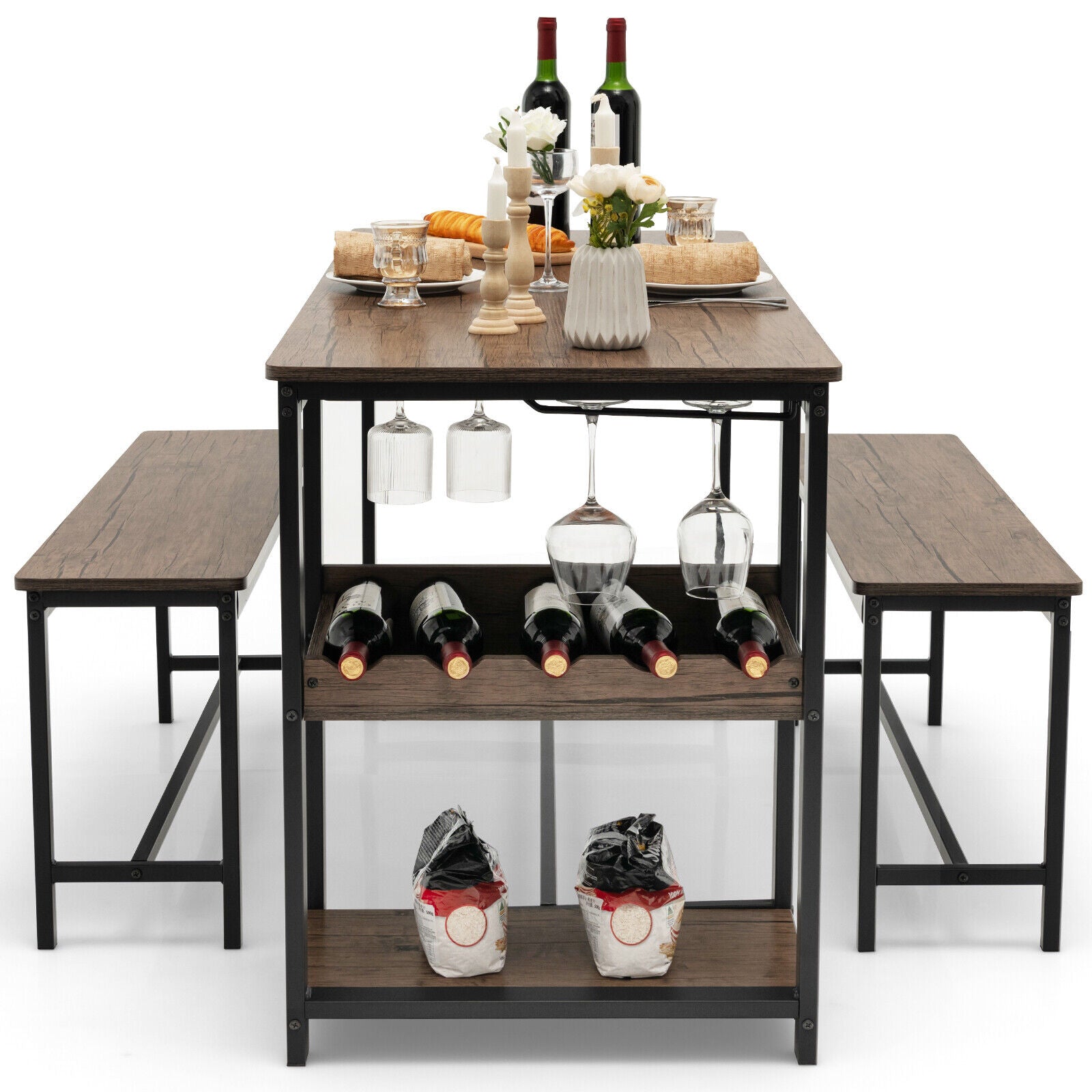 3 Pieces Dining Table Set for 4 with Wine Rack, Brown Dining Room Sets at Gallery Canada