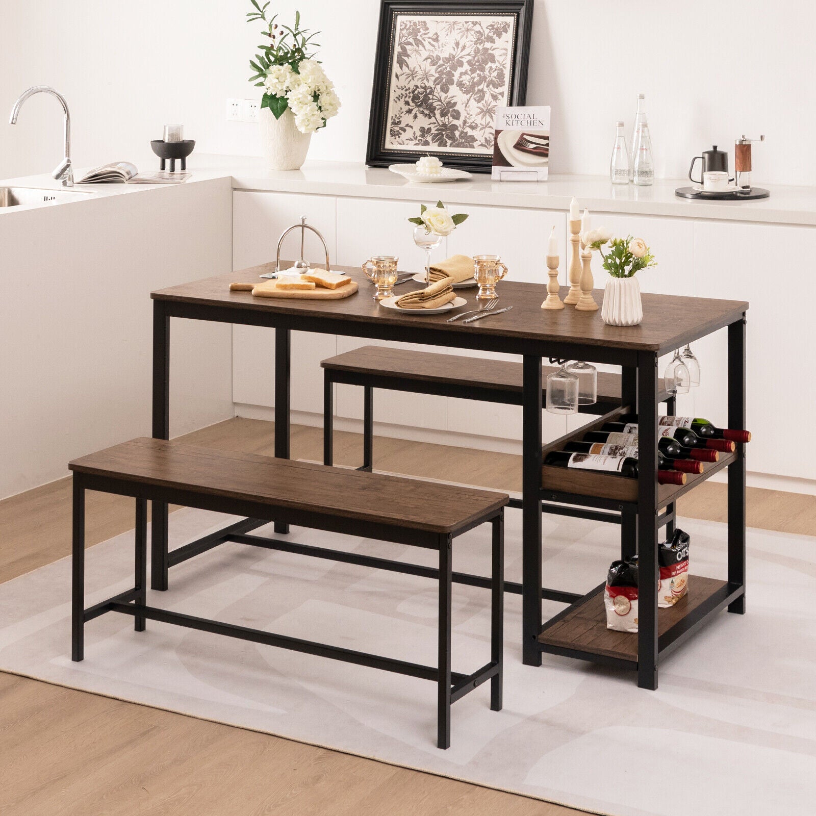 3 Pieces Dining Table Set for 4 with Wine Rack, Brown Dining Room Sets at Gallery Canada