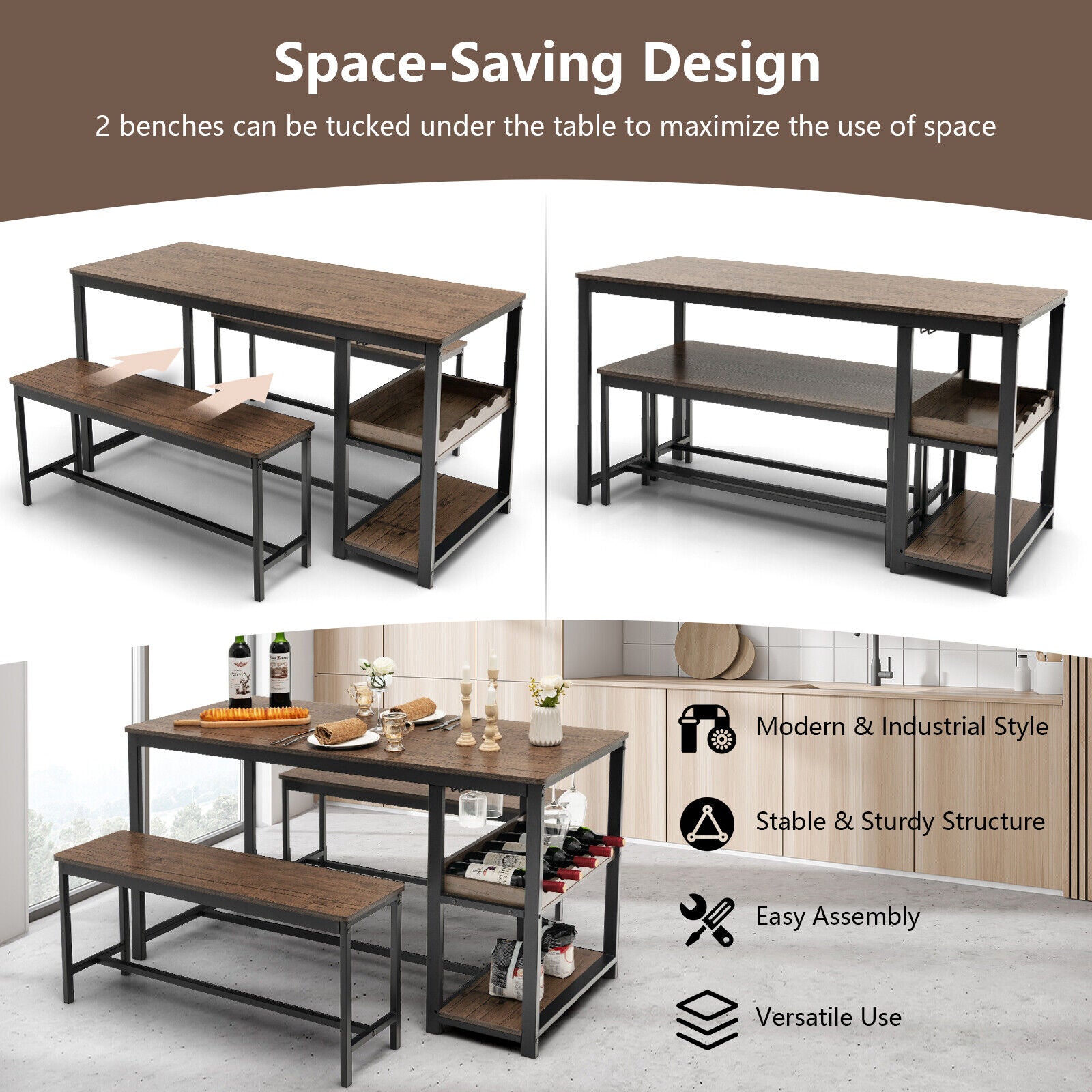 3 Pieces Dining Table Set for 4 with Wine Rack, Brown Dining Room Sets at Gallery Canada