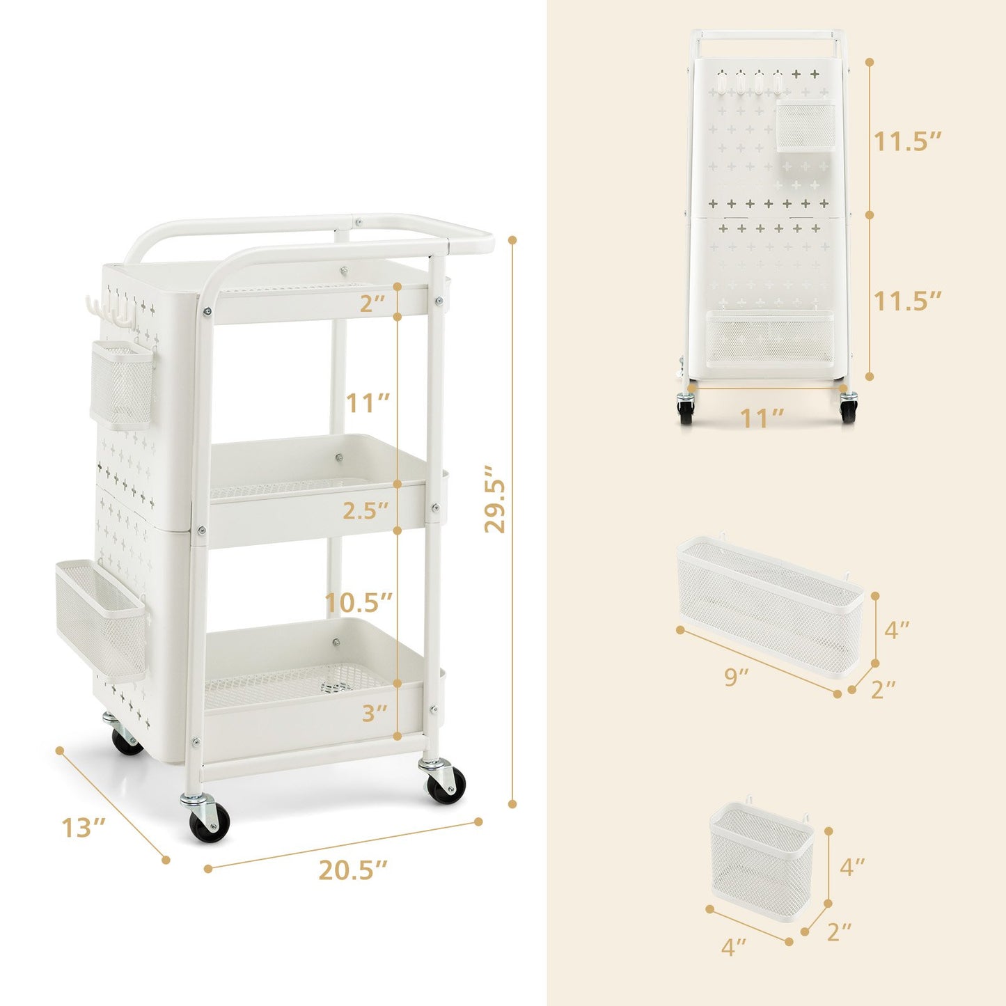3-Tier Utility Storage Cart with DIY Pegboard Baskets, White - Gallery Canada