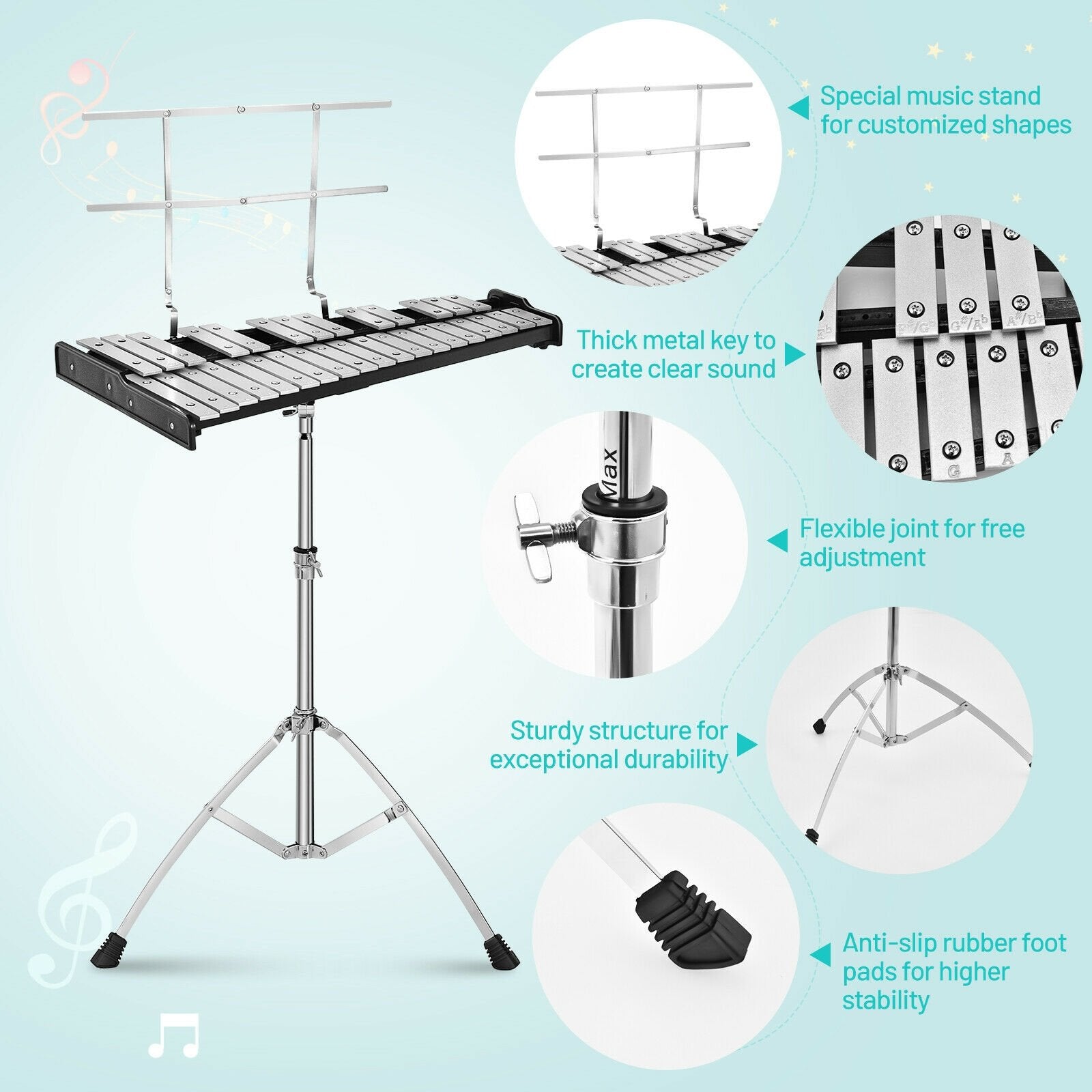 32 Note Glockenspiel Xylophone Percussion Bell Kit with Adjustable Stand, Black Drums & Percussion   at Gallery Canada