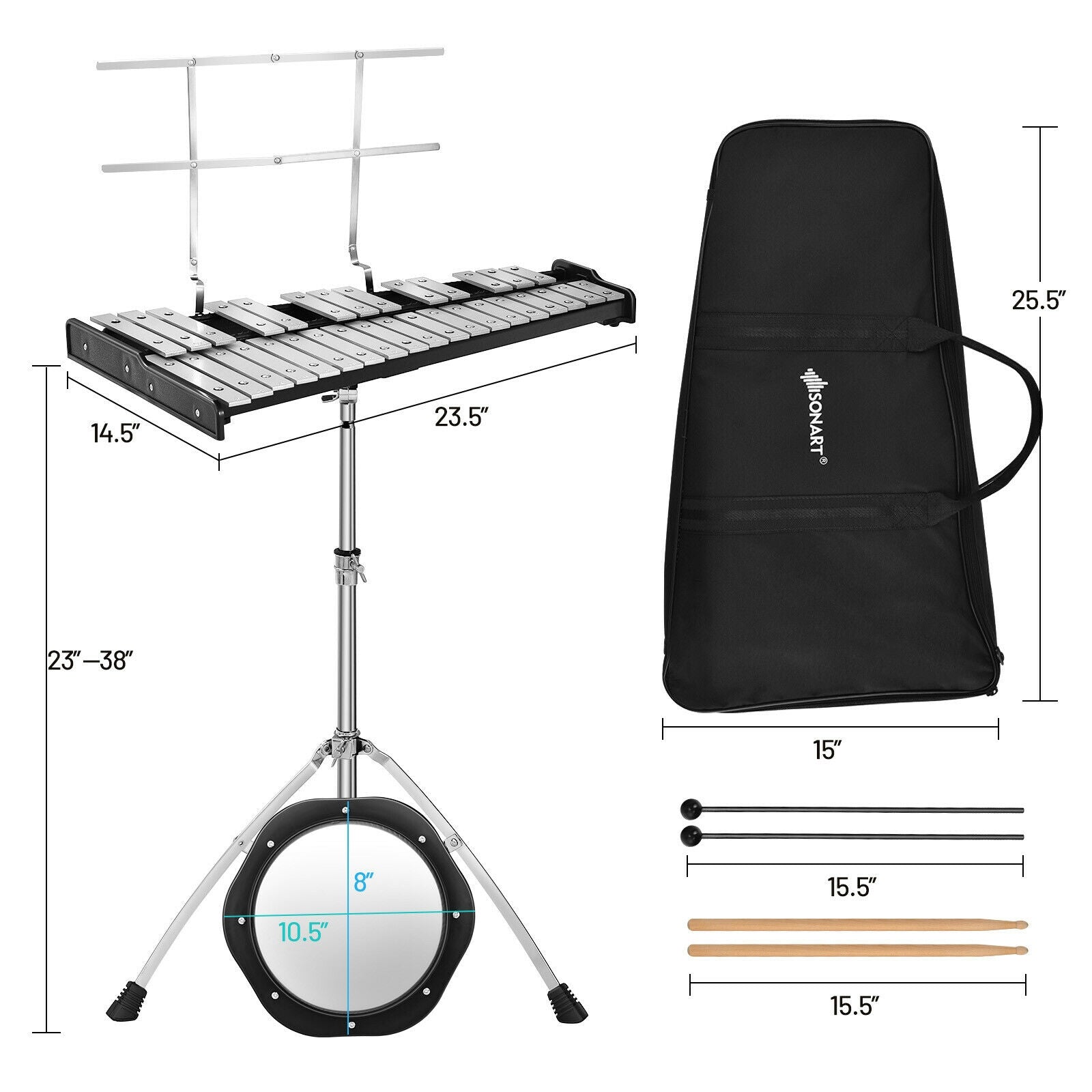 32 Note Glockenspiel Xylophone Percussion Bell Kit with Adjustable Stand, Black Drums & Percussion at Gallery Canada