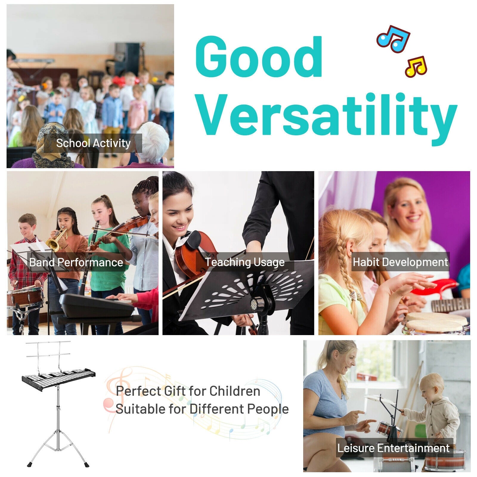32 Note Glockenspiel Xylophone Percussion Bell Kit with Adjustable Stand, Black Drums & Percussion at Gallery Canada