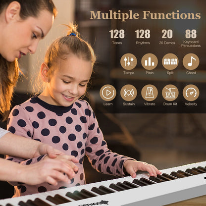 88-Key Folding Electric Lighted Piano Full-Size Portable Keyboard MIDI, White - Gallery Canada