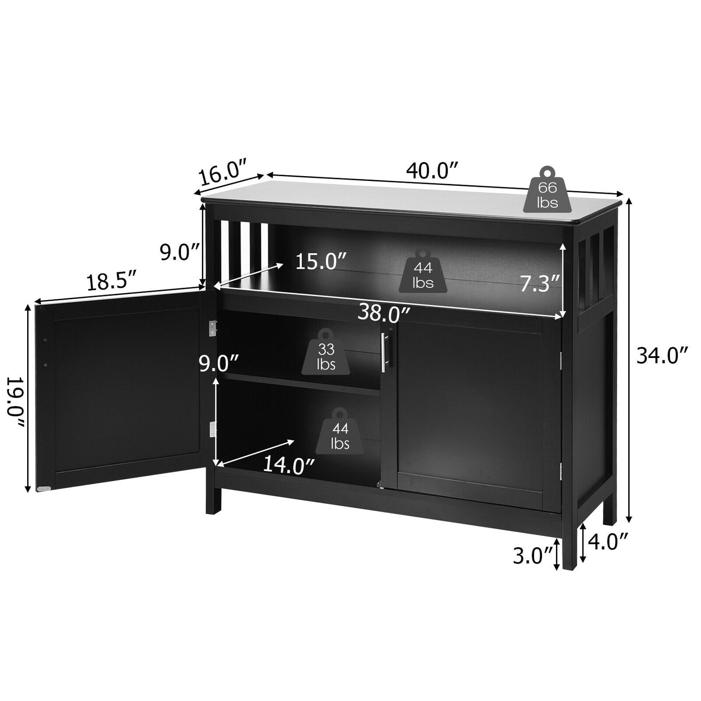 Kitchen Buffet Server Sideboard Storage Cabinet with 2 Doors and Shelf, Black Sideboards Cabinets & Buffets   at Gallery Canada